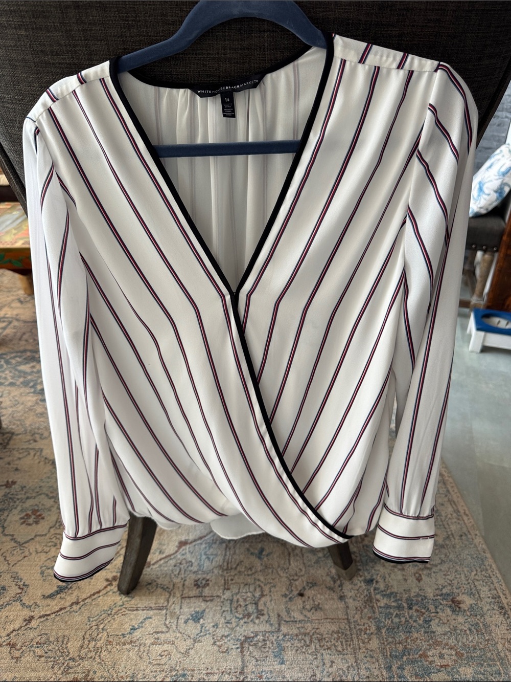 White House Black Market White Blouse with Red, Blue & Black Stripes